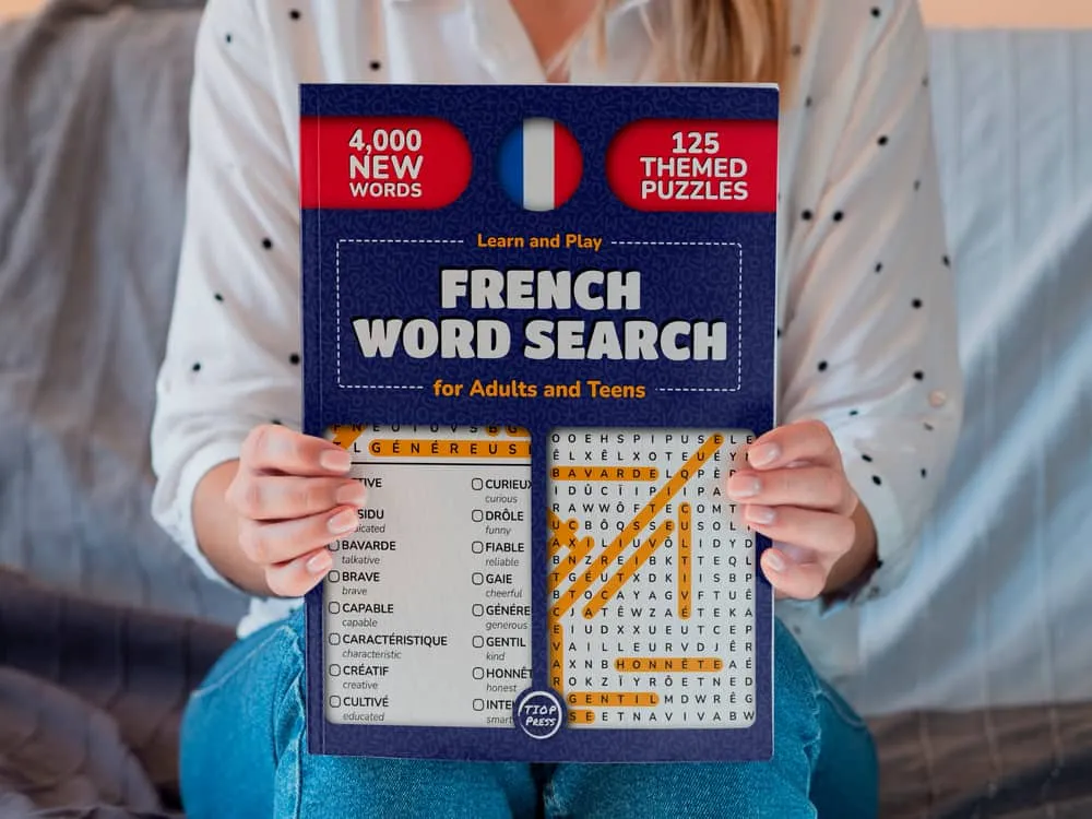 Photo of the printed book Learn and Play French Word Search